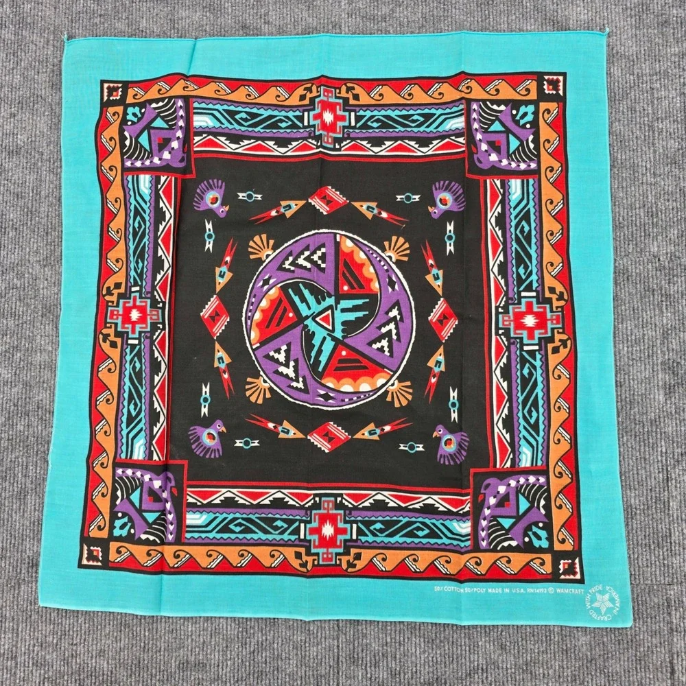 Vintage Wamcraft Bandana USA Made Turquoise Black Southwestern Tribal Scarf 22in